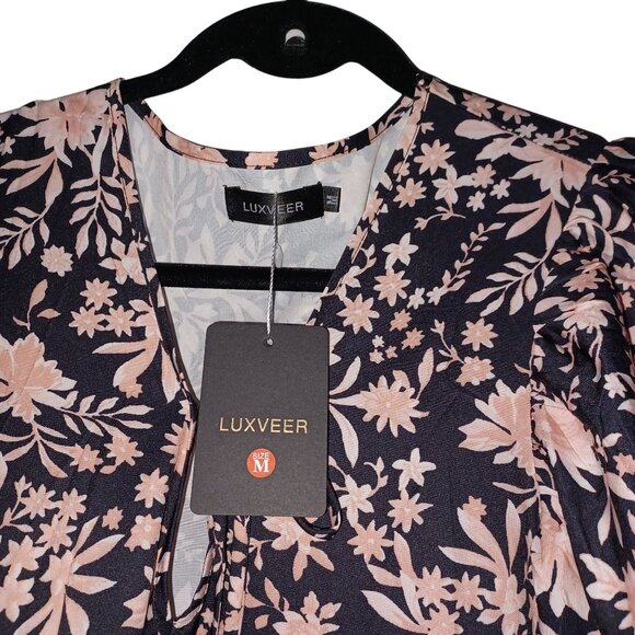 Womens Medium Boho Floral Maxi Dress Black Peach Soft Flowy Puff Sleeves V-Neck - Picture 3 of 5